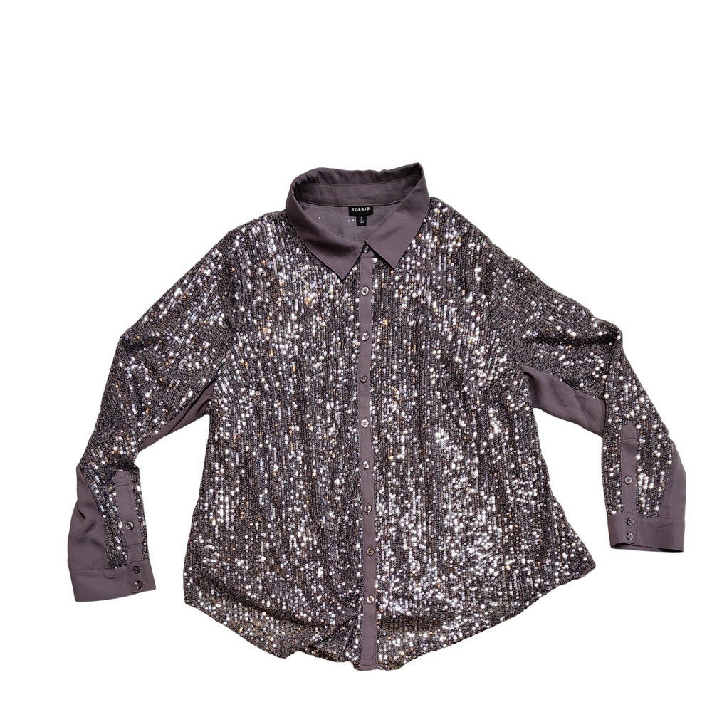 Torrid Sequin Button Down Shirt Charcoal Grey Sparkle Party Top Womens 2 2X